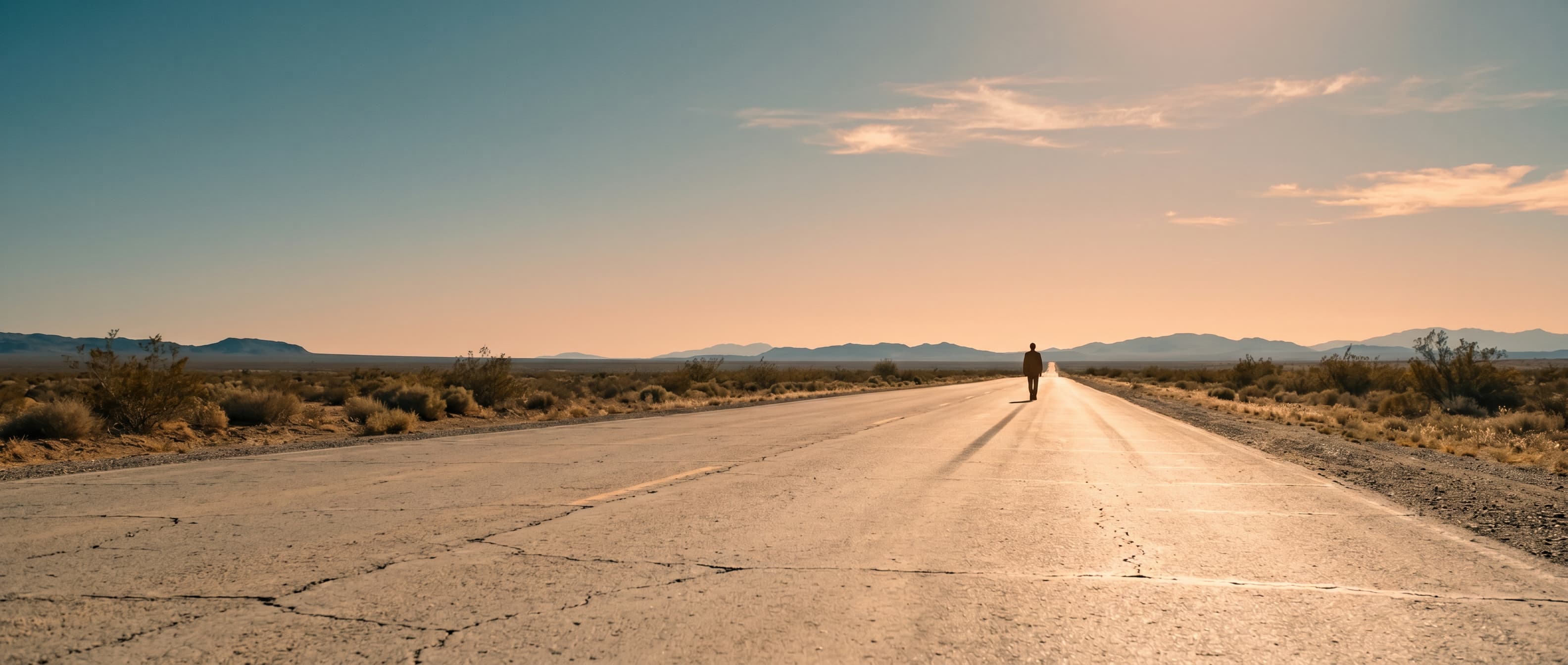 Una figura solitaria camina por una carretera del desierto a la hora dorada, con montañas bajas en el horizonte lejano.